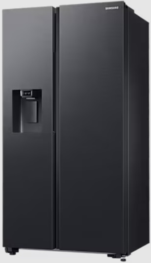 Czarna lodówka Samsung side-by-side z dozownikiem lodu.