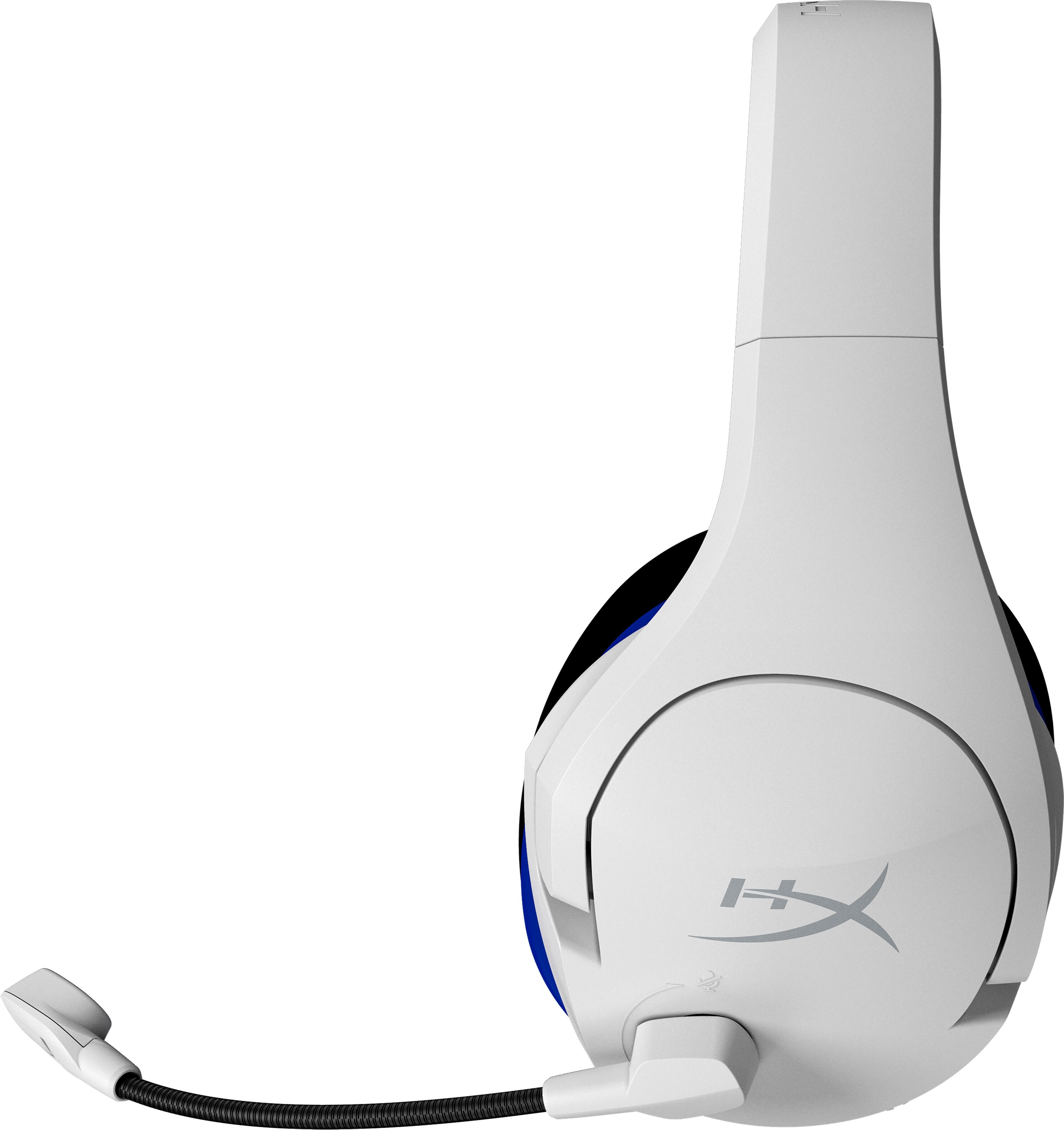 Ein weißes Gaming-Headset mit schwarzem Mikrofon und blauen Akzenten, abgewinkelt auf weißem Hintergrund.