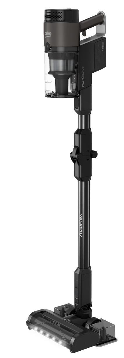 Czarny i szary odkurzacz bezprzewodowy Beko. Stoi pionowo na białym tle.