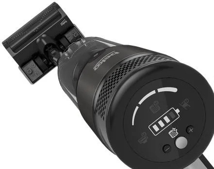 Czarny odkurzacz z wskaźnikiem baterii na górze.