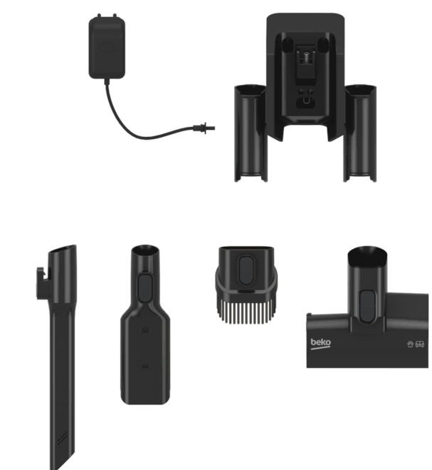 Akcesoria do odkurzacza: ładowarka, uchwyt ścienny, różne końcówki do czyszczenia.