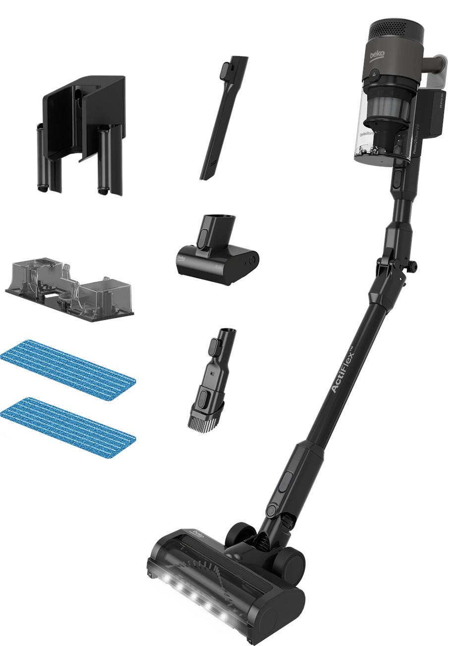 Odkurzacz z akcesoriami. Czarno-szara kolorystyka, różne nasadki i dwie nakładki czyszczące.