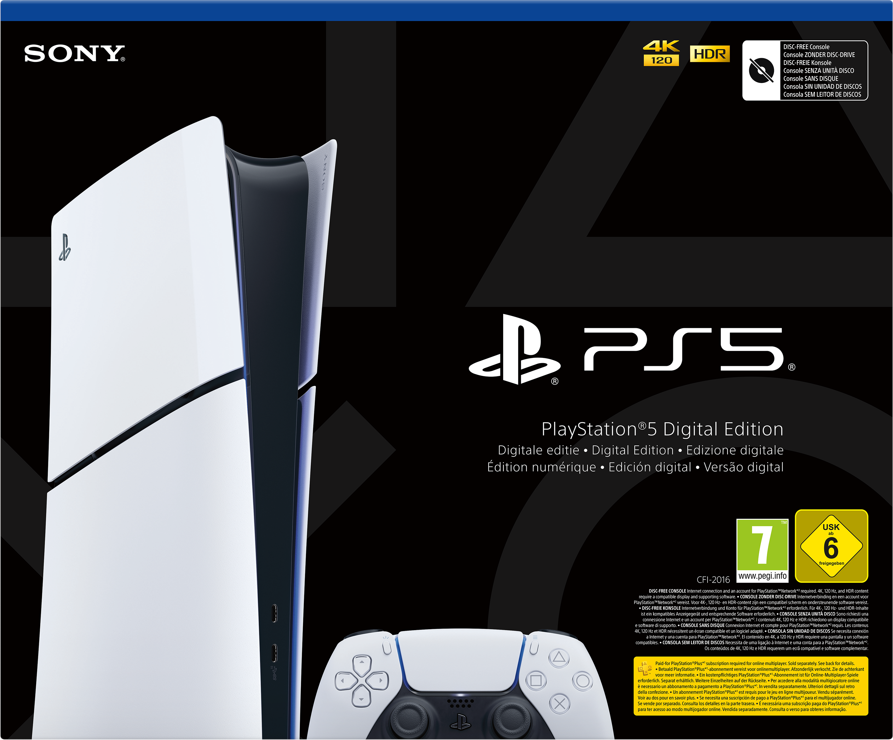 Eine PlayStation 5 Konsolenbox mit Konsolenbild, Controller und Spieldetails.