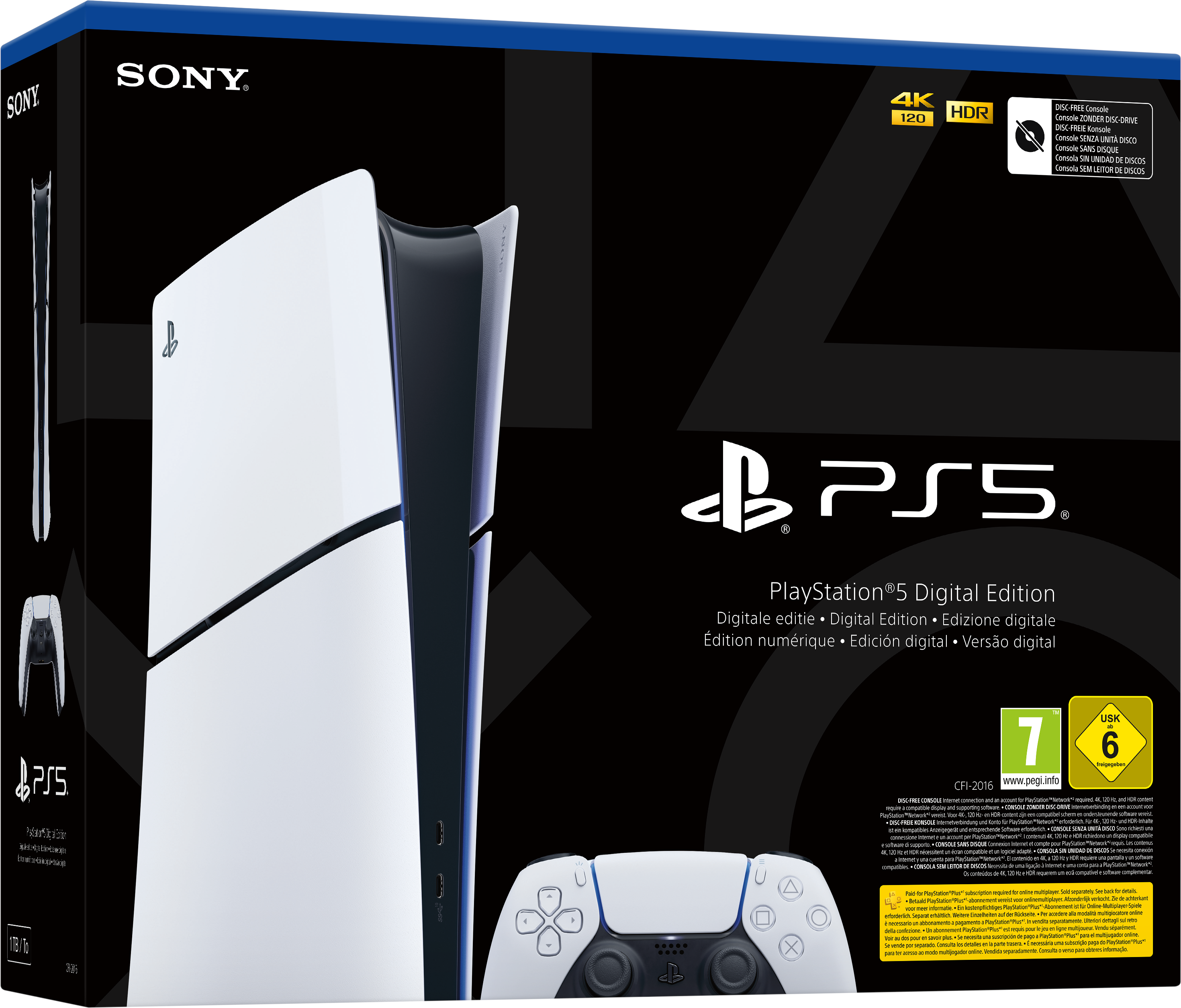 PlayStation 5 Konsole und Controller-Box, weißes und schwarzes Design.