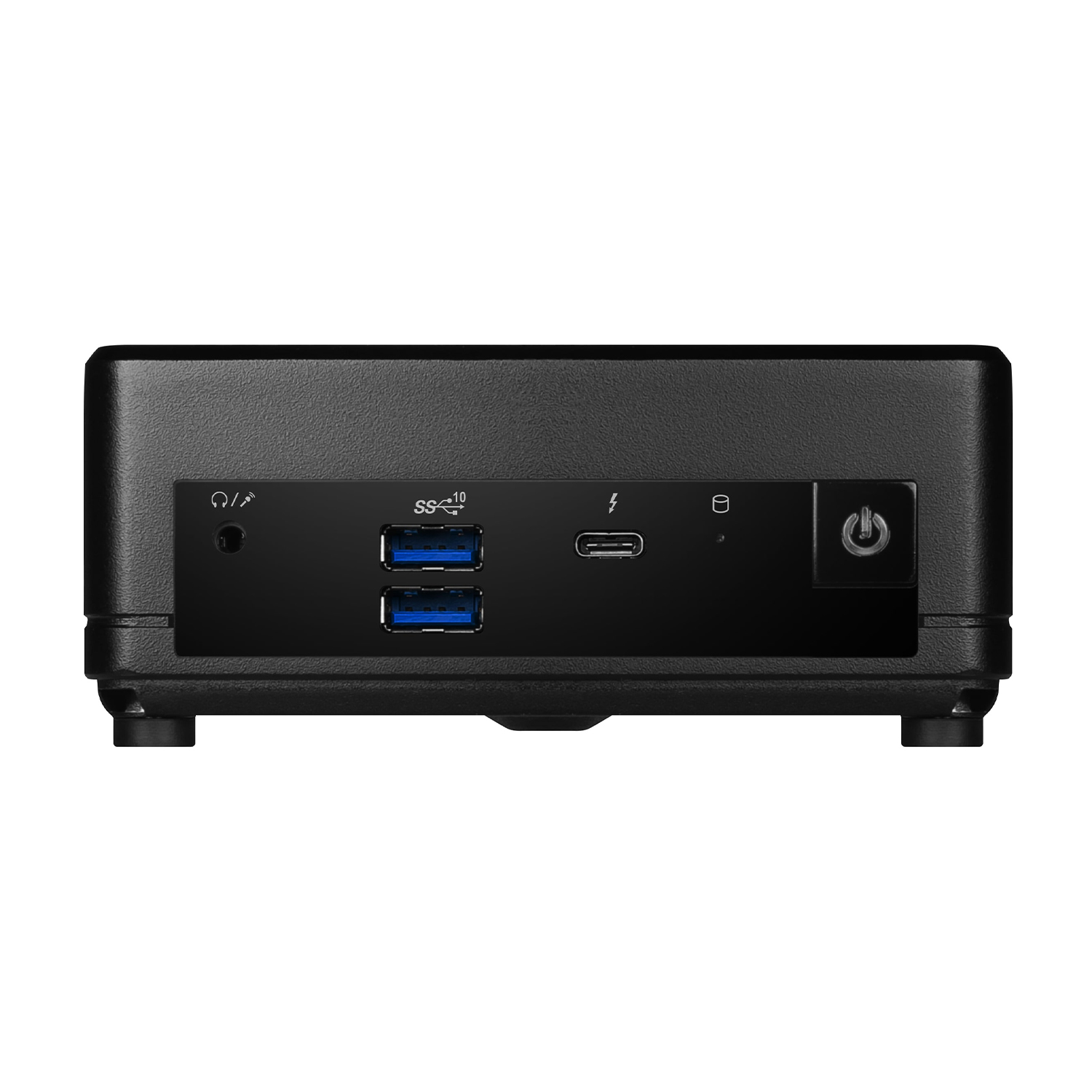 Vista frontale di un mini PC nero. Include porte audio, USB 3.0, Thunderbolt, pulsante di accensione.