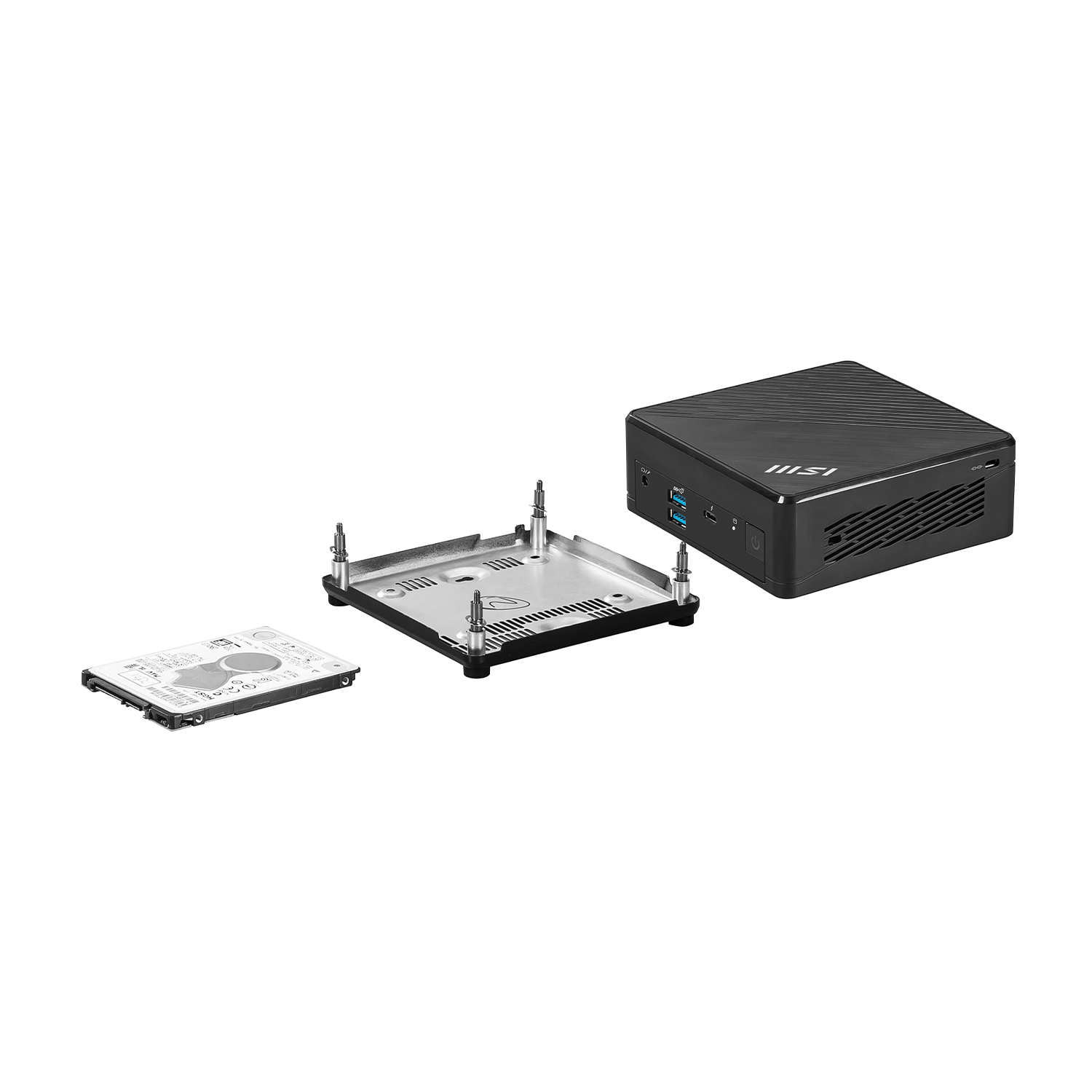 Un mini PC con componenti tra cui un disco rigido e una piastra di montaggio.