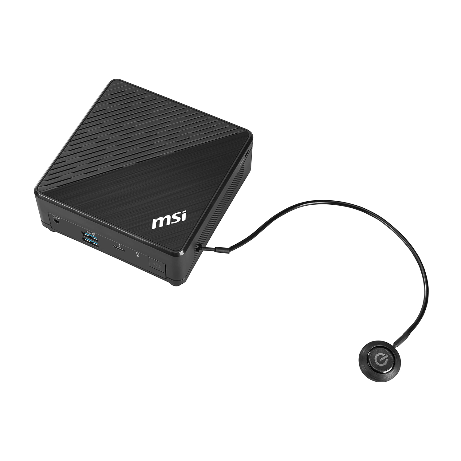 Un mini PC MSI nero con un pulsante di accensione e un cavo collegato. Sfondo bianco.