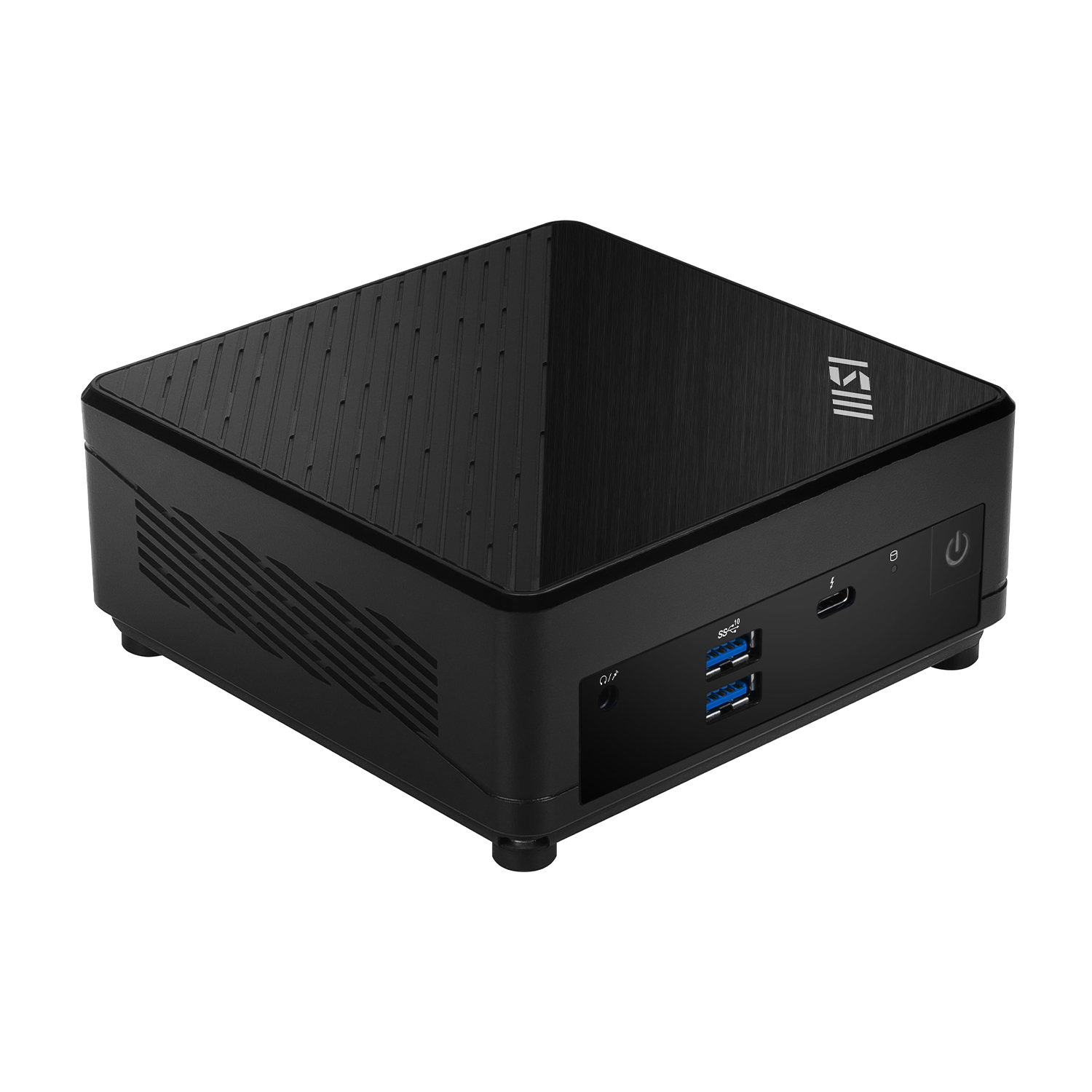Un mini PC MSI nero. La parte anteriore ha porte USB e un pulsante di accensione, con il logo MSI in alto.