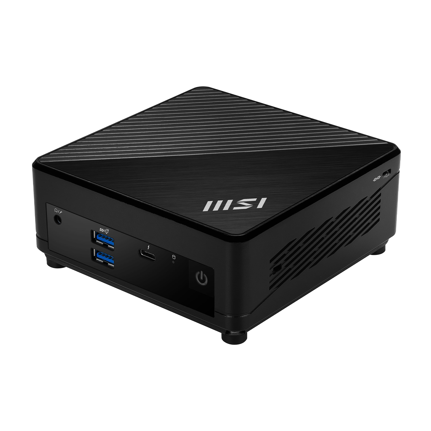 Mini PC nero con il logo MSI, su sfondo bianco.