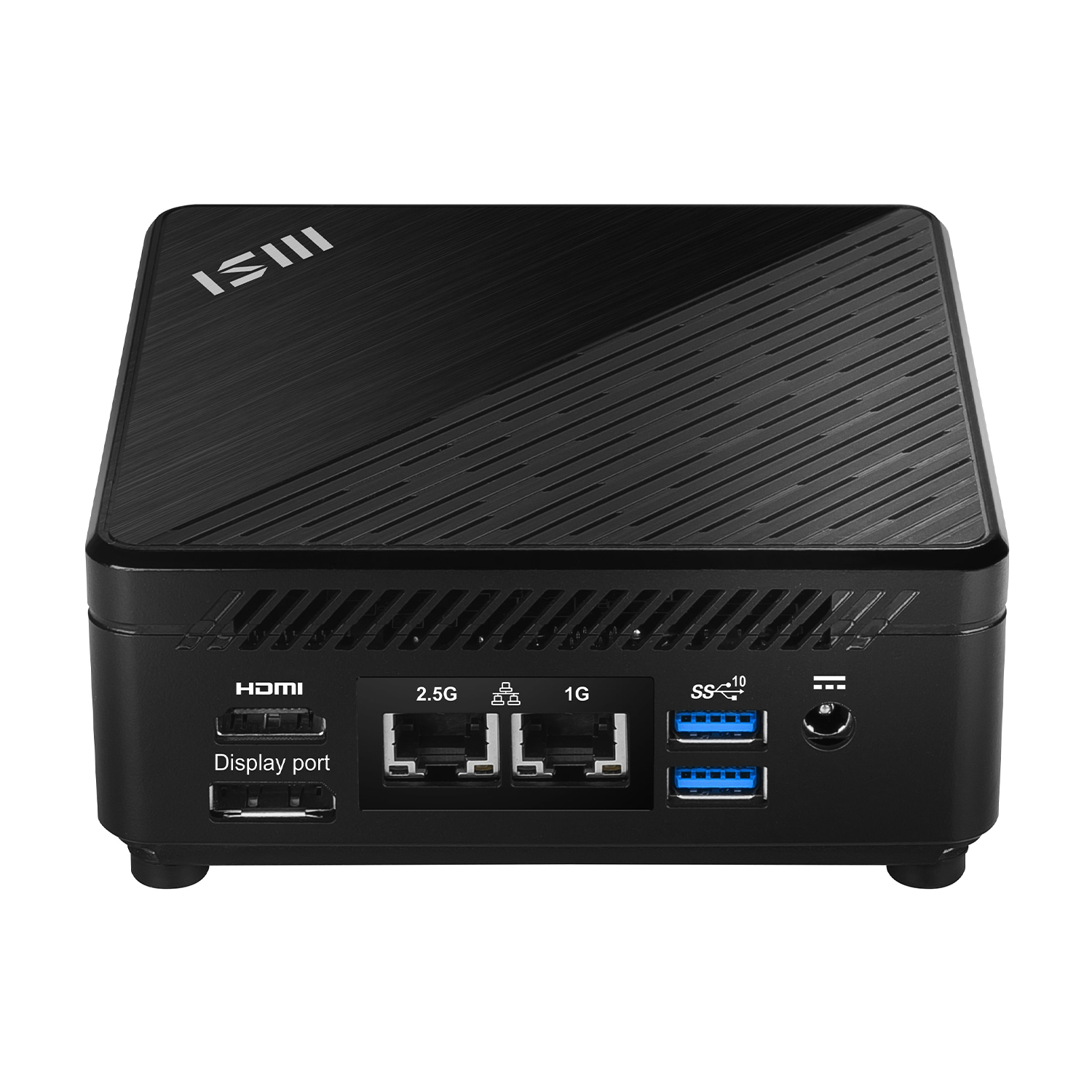 Mini PC nero con porte. Display port, porte 2.5G e 1G, porta SS10.