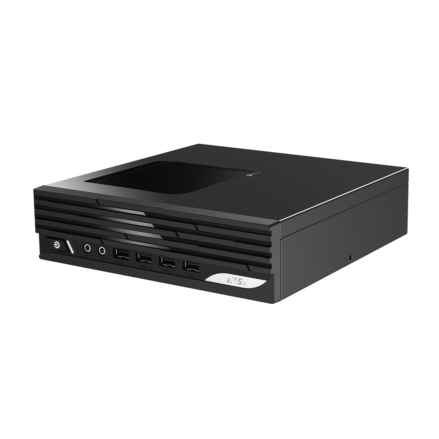 Computer nero dal design elegante, pannello frontale con porte. Sfondo bianco.