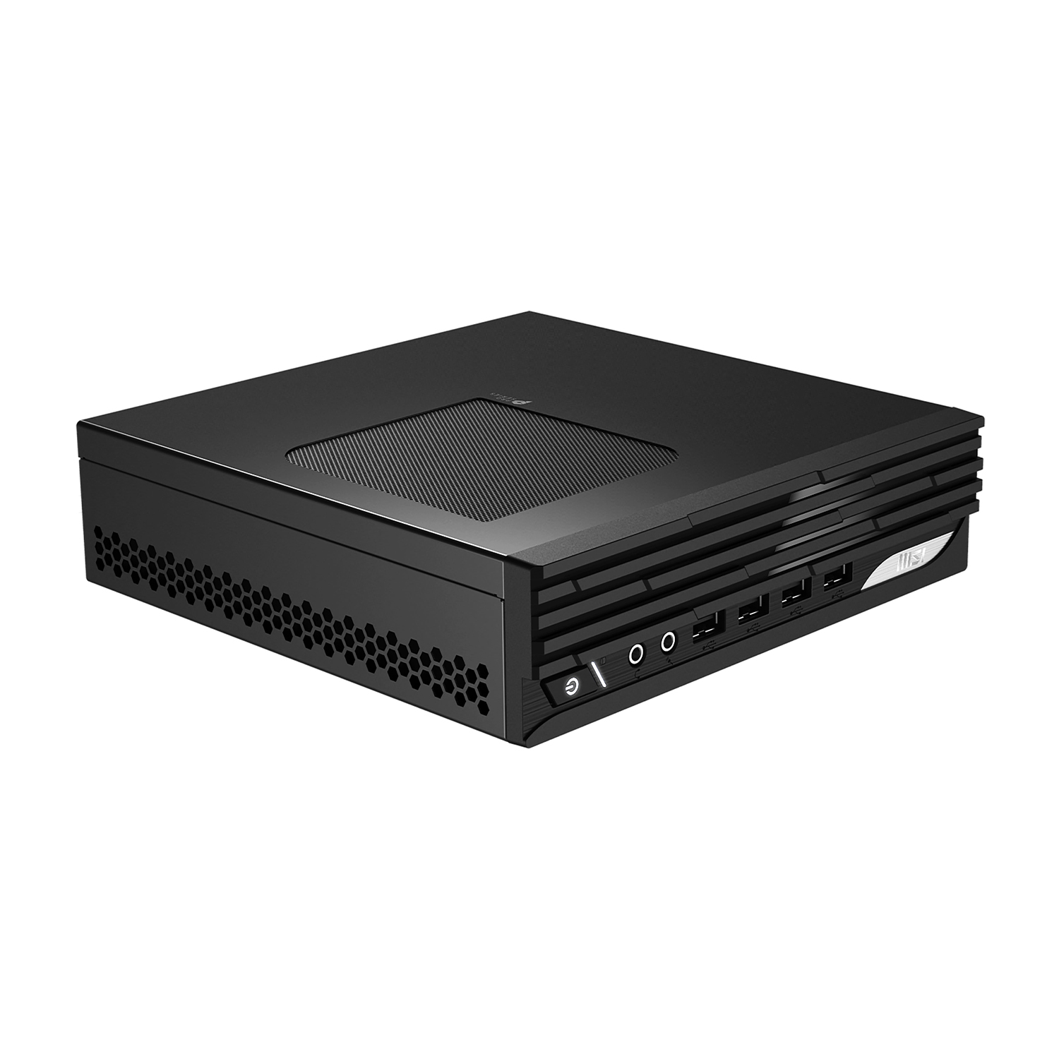 Mini PC nero con porte e ventilazione sul lato, su sfondo bianco.