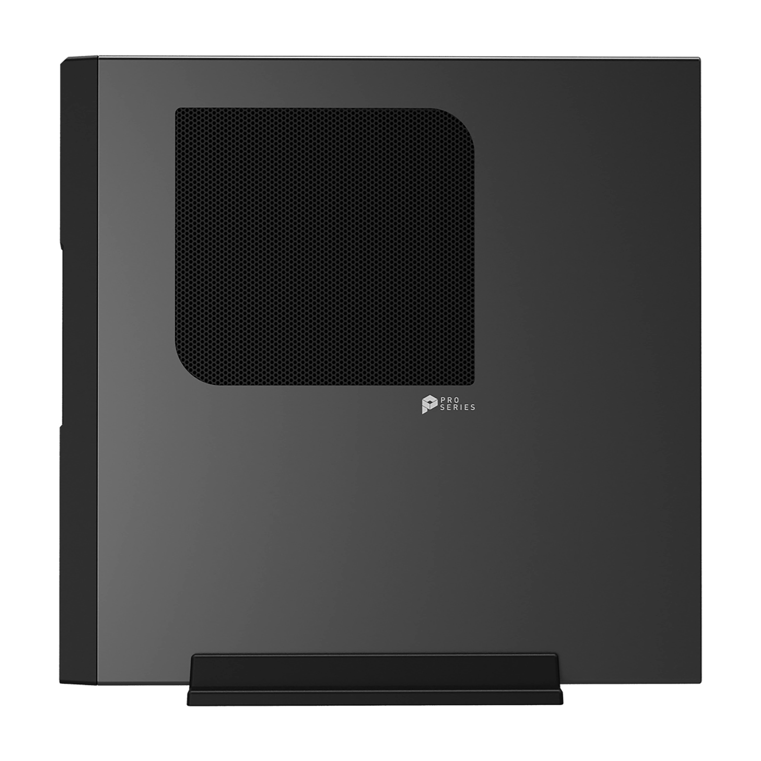 Case per computer nero con pannello laterale a rete e supporto.