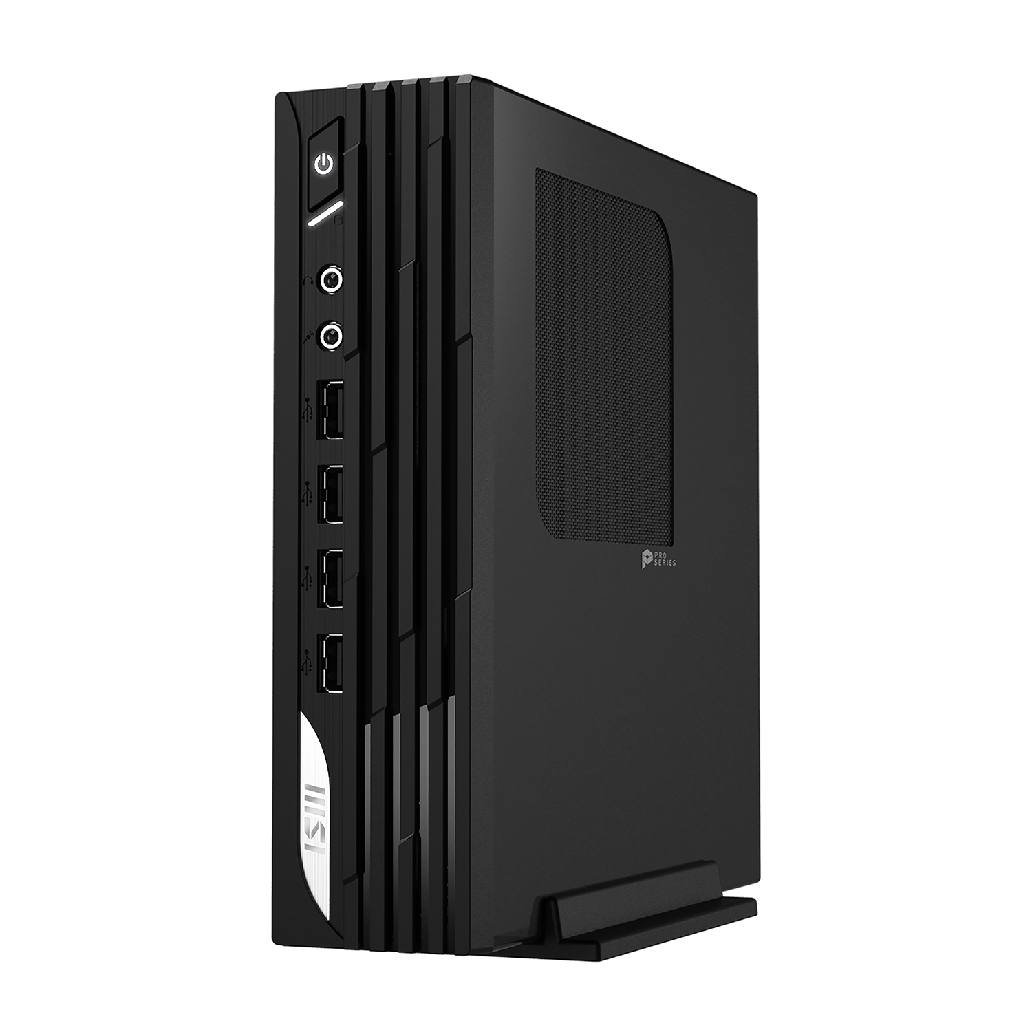 Computer nero. Pannello frontale con pulsante di accensione, porte USB. Supporto nero.