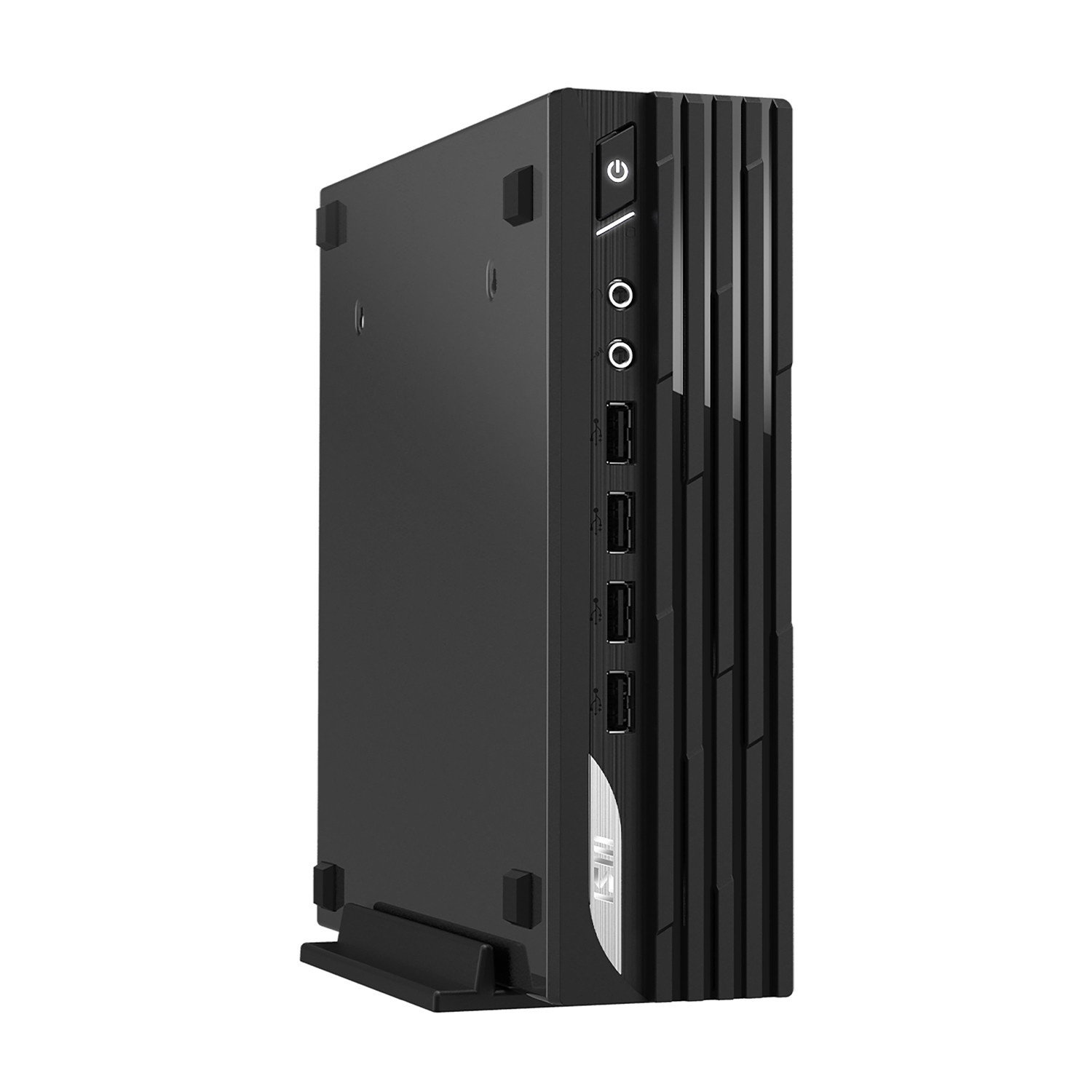 Torre del computer nera. Ha un pulsante di accensione e diverse porte USB.