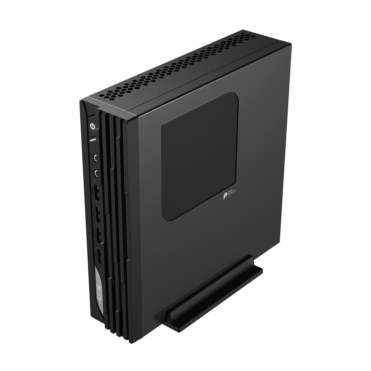 Case PC nero con prese d'aria e supporto, vista laterale.