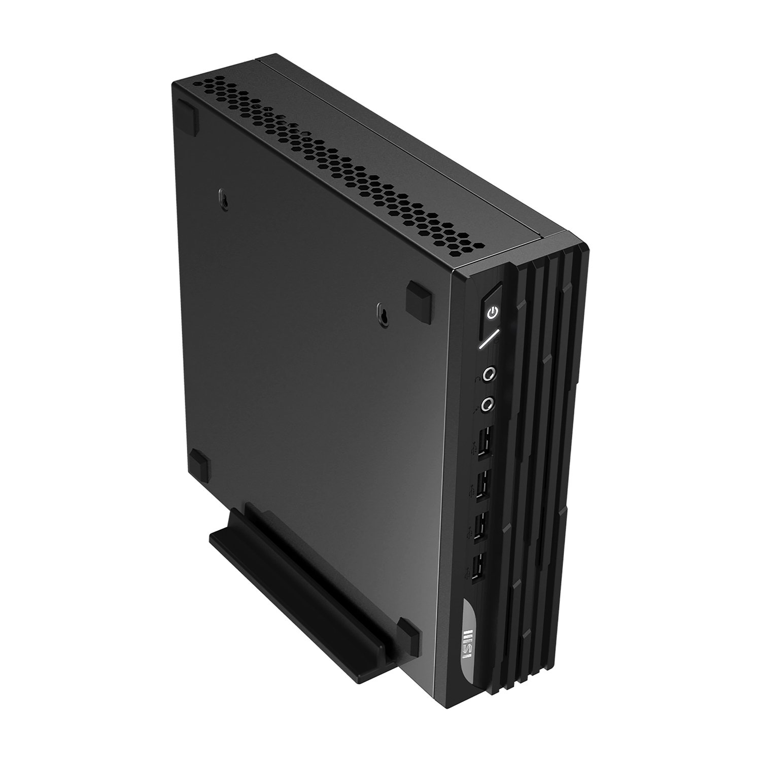 Un case per computer nero e verticale. Ha una parte superiore perforata e porte laterali.