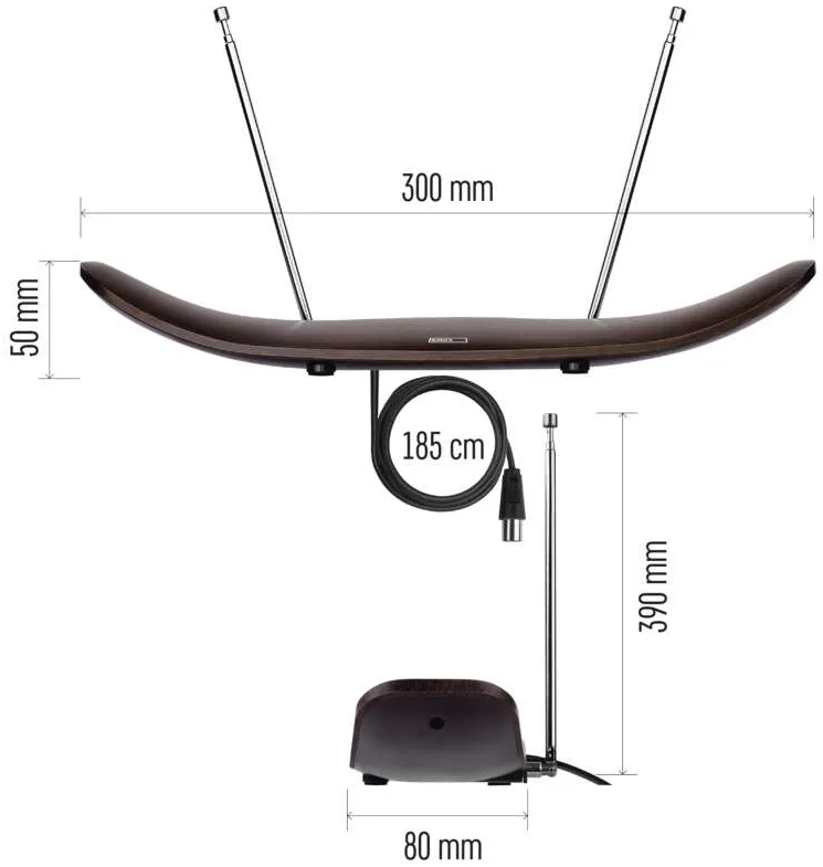 TV antenna méretekkel jelölve. Két antennája és egy talpa van.