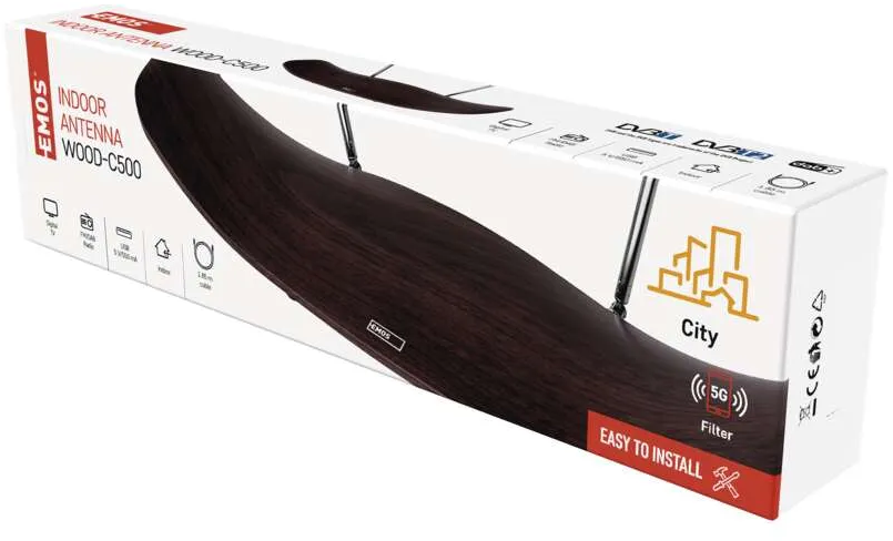 Beltéri antenna wood-c500 doboza antennaképpel. Szöveg a dobozon és fehér háttér.
