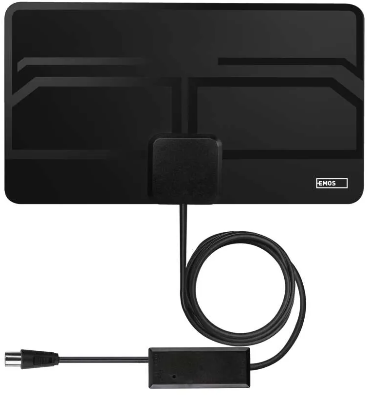 Fekete TV-antenna kábellel és csatlakozóval.