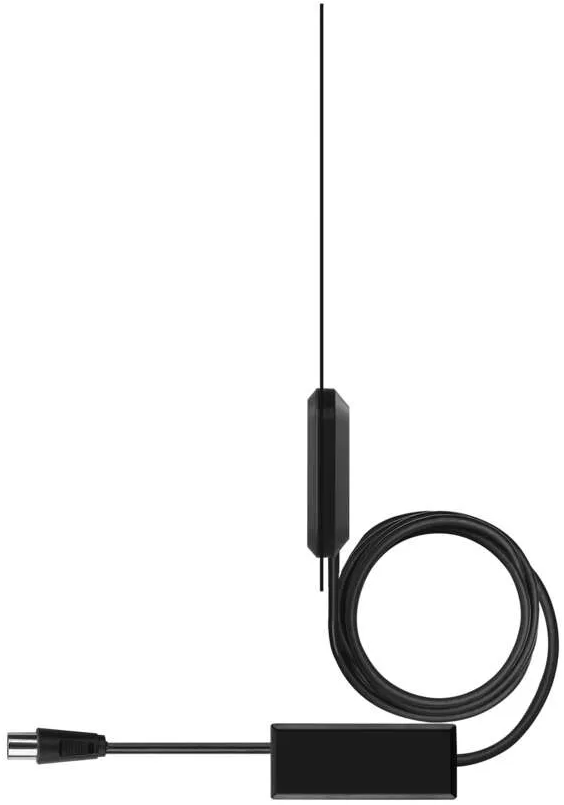 Fekete TV-antenna kábellel és csatlakozóval, fehér háttér előtt.