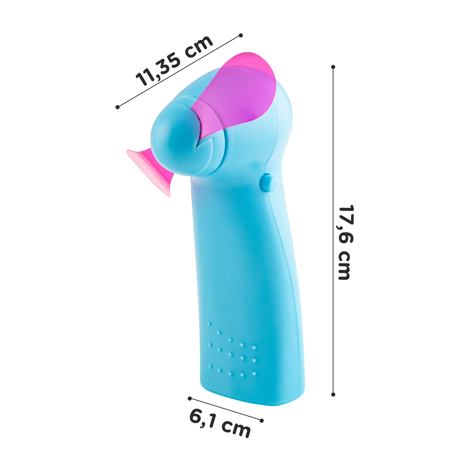 Dispositivo portatile blu e rosa con dimensioni. Ha un'impugnatura, una parte superiore a ventaglio e un pulsante.