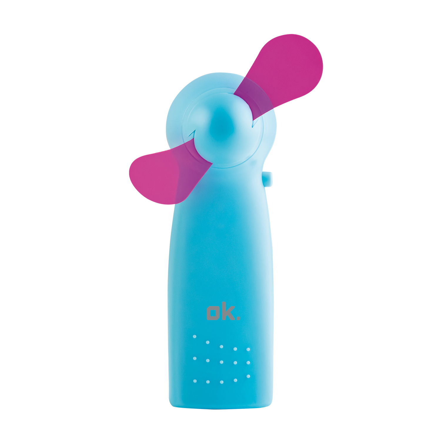 Un ventilatore portatile blu e rosa su una superficie bianca, con puntini bianchi sul fondo.