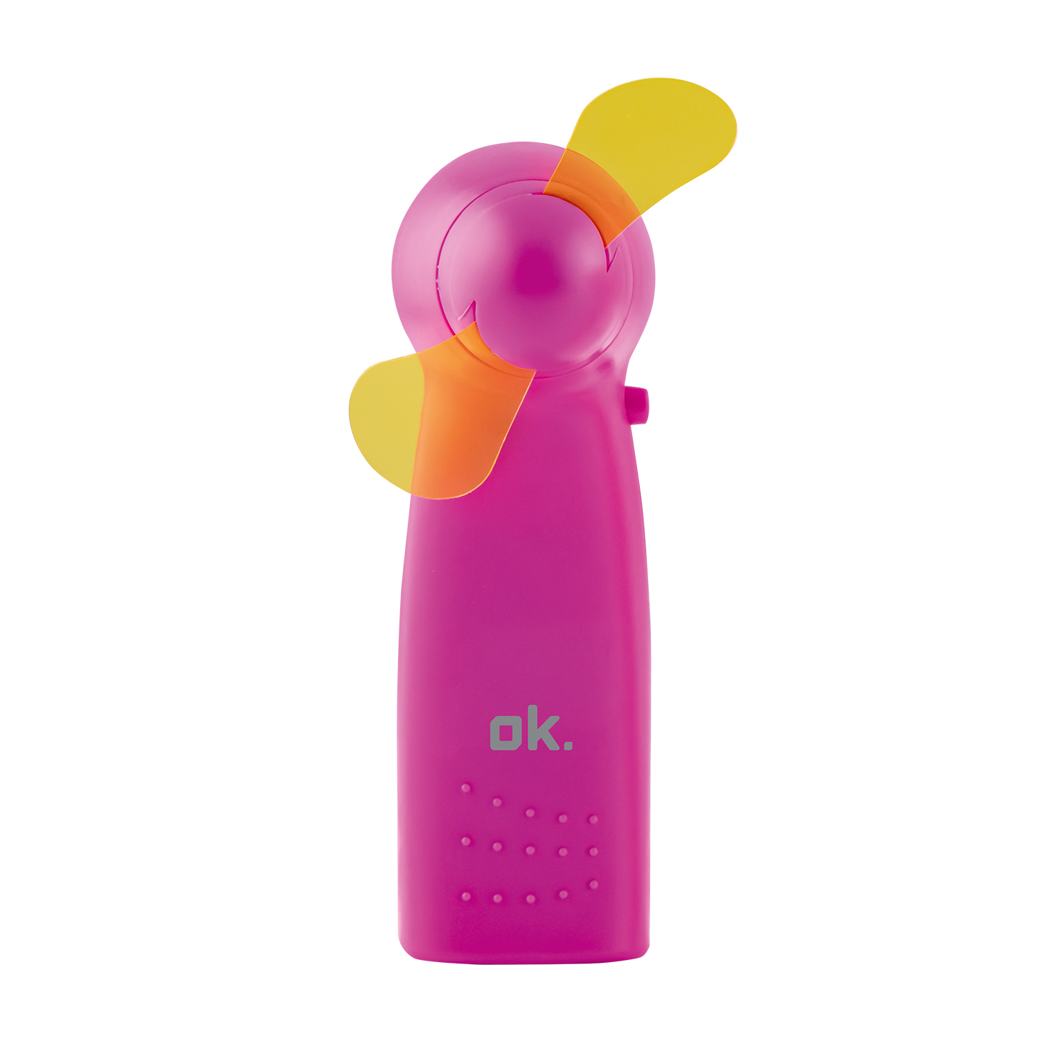 Un ventilatore portatile rosa con pale arancioni e gialle. La parola 'ok.' è sopra.