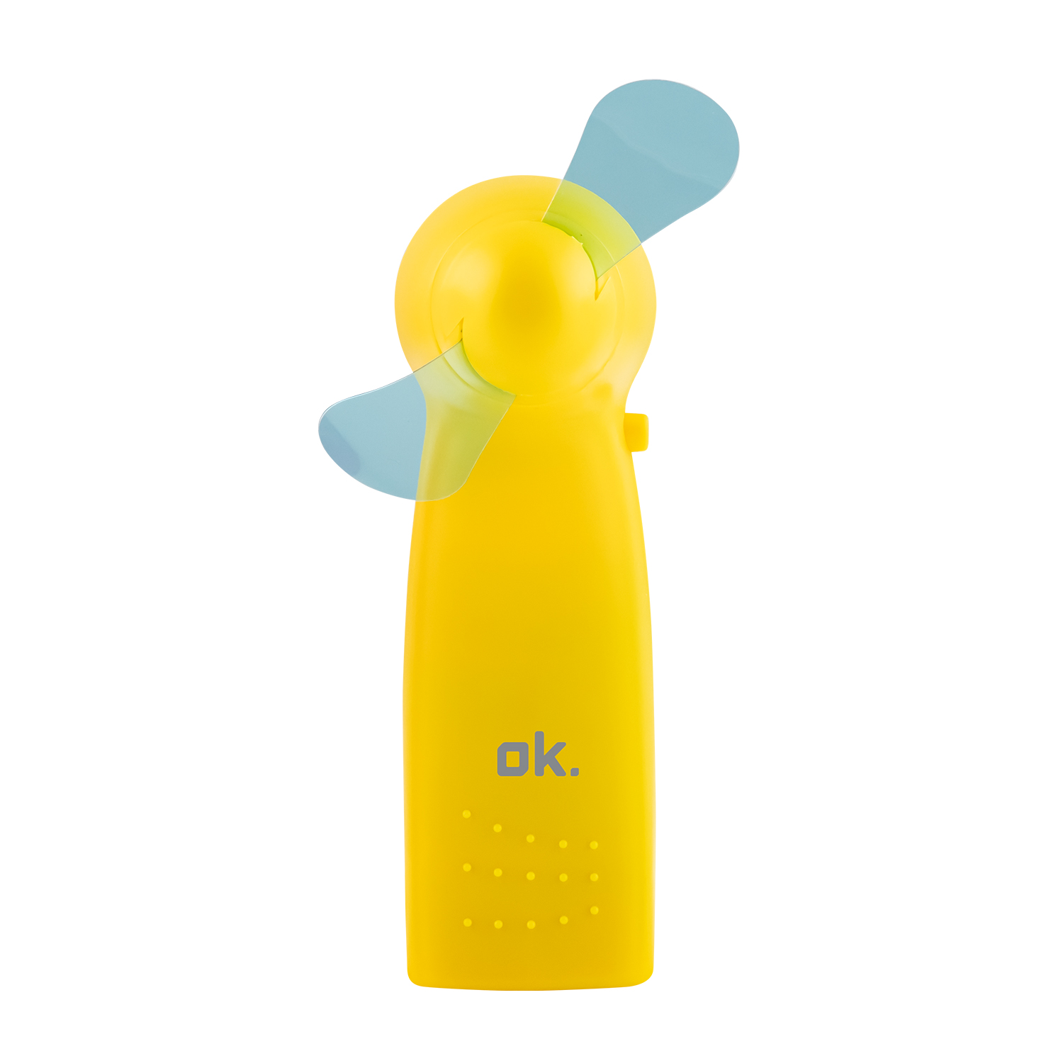 Un ventilatore portatile giallo con pale blu. Il ventilatore ha la parola 'ok.' stampata sopra.