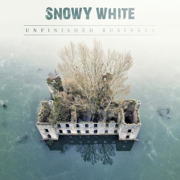 Albumcover von Snowy Whites Unfinished Business. Ein überflutetes Gebäude mit Baum darauf.