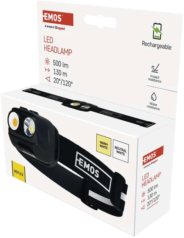 Dobozolt LED-es fejlámpa specifikációkkal: 500lm, 130m hatótávolság, 20/120 fok. Újratölthető.