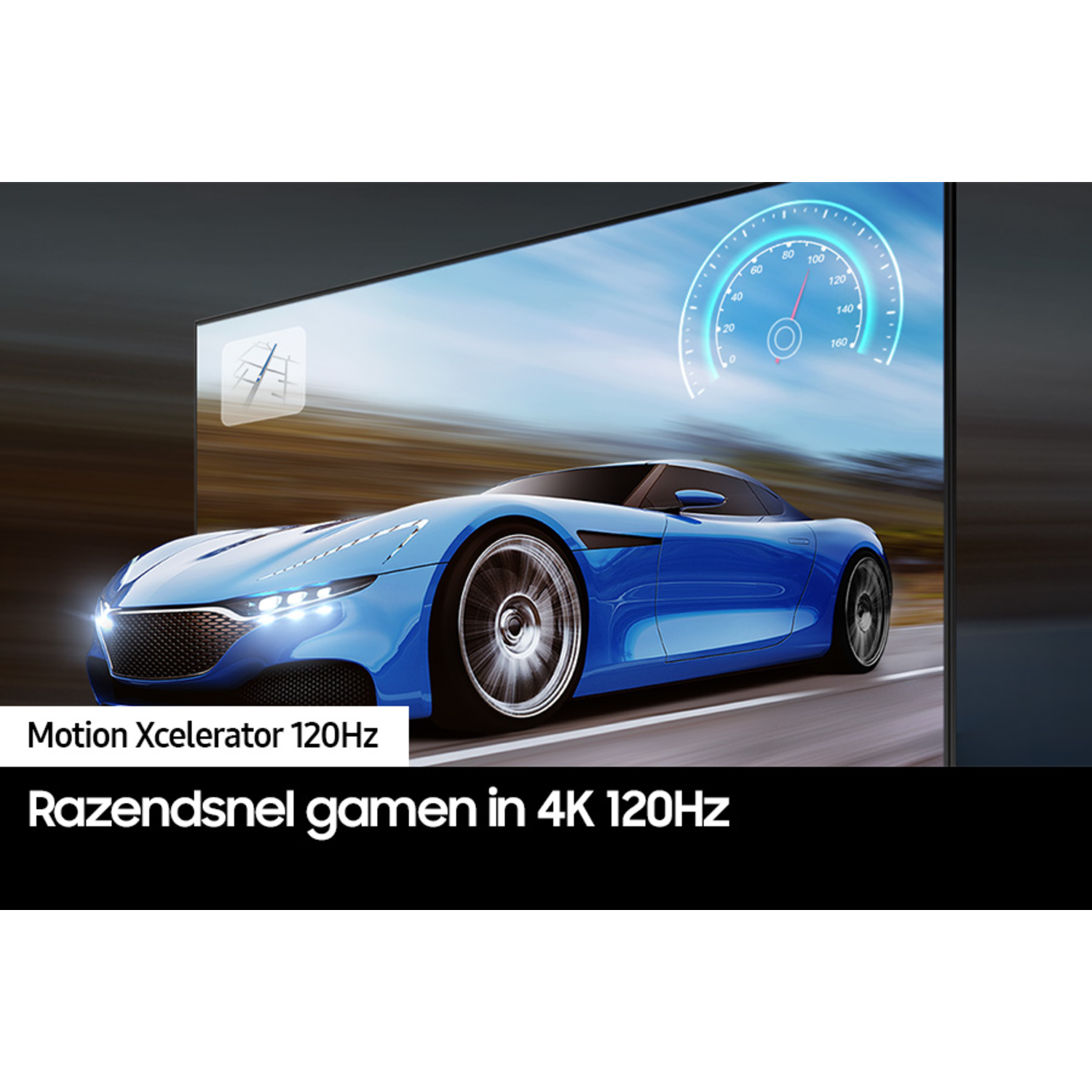 Een blauwe sportwagen op een scherm, met een snelheidsmeter. Tekst: 'Motion Xcelerator 120Hz'.