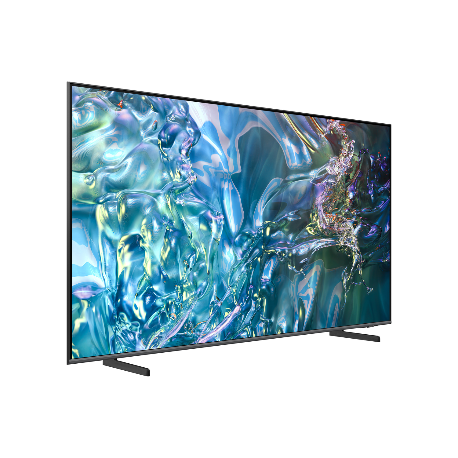 Een grote, zwarte tv met zilveren frame, met een kleurrijke abstracte afbeelding, schuin naar de kijker.