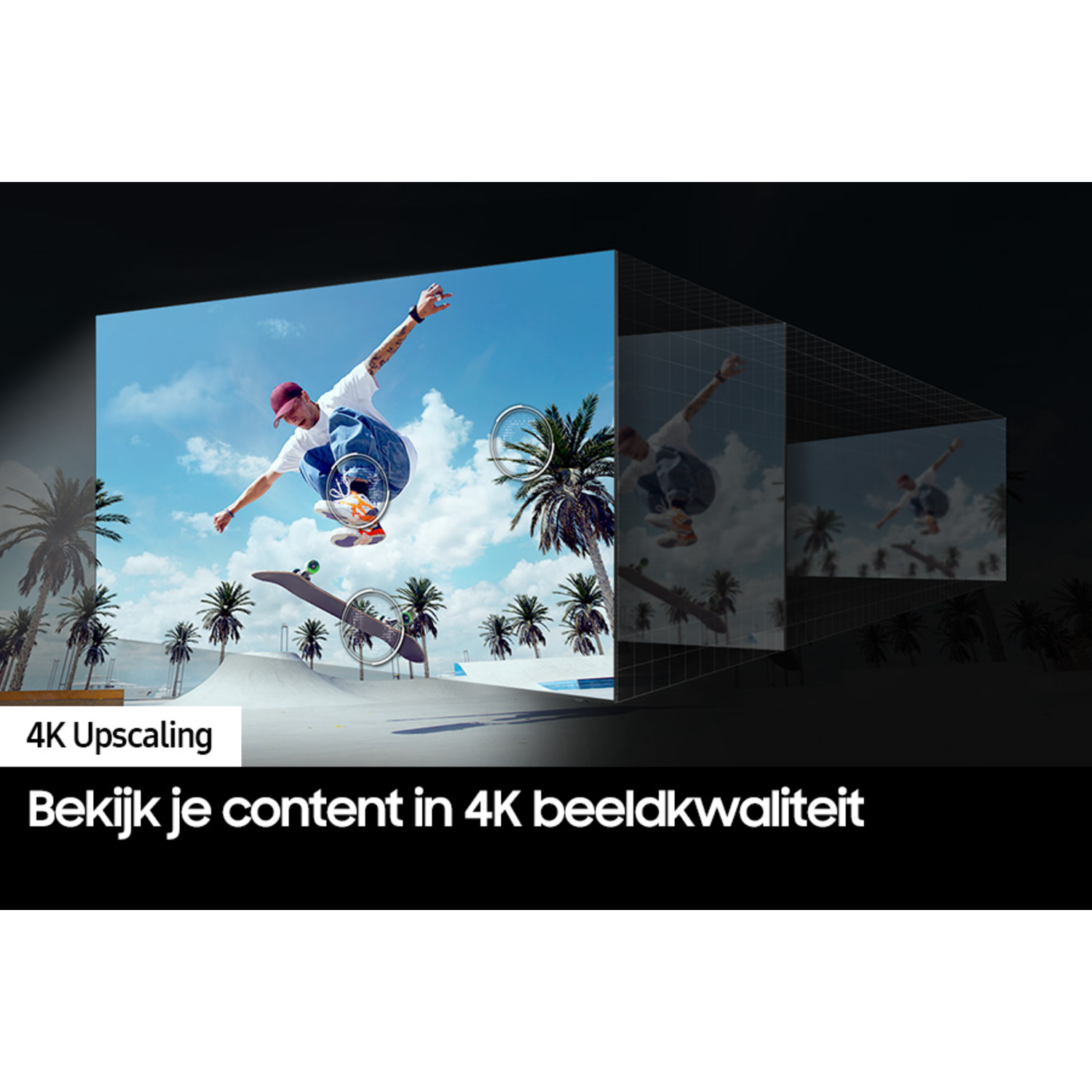 Een man op een skateboard in een 4K upscaling advertentie tegen een achtergrond van palmbomen.