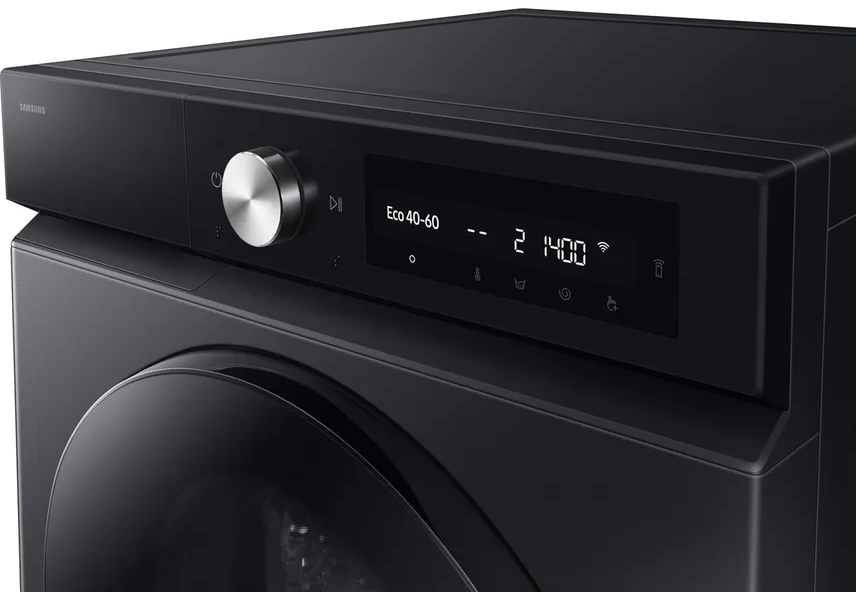 Lave-linge noir avec panneau de commande. Bouton, écran. Logo Samsung.
