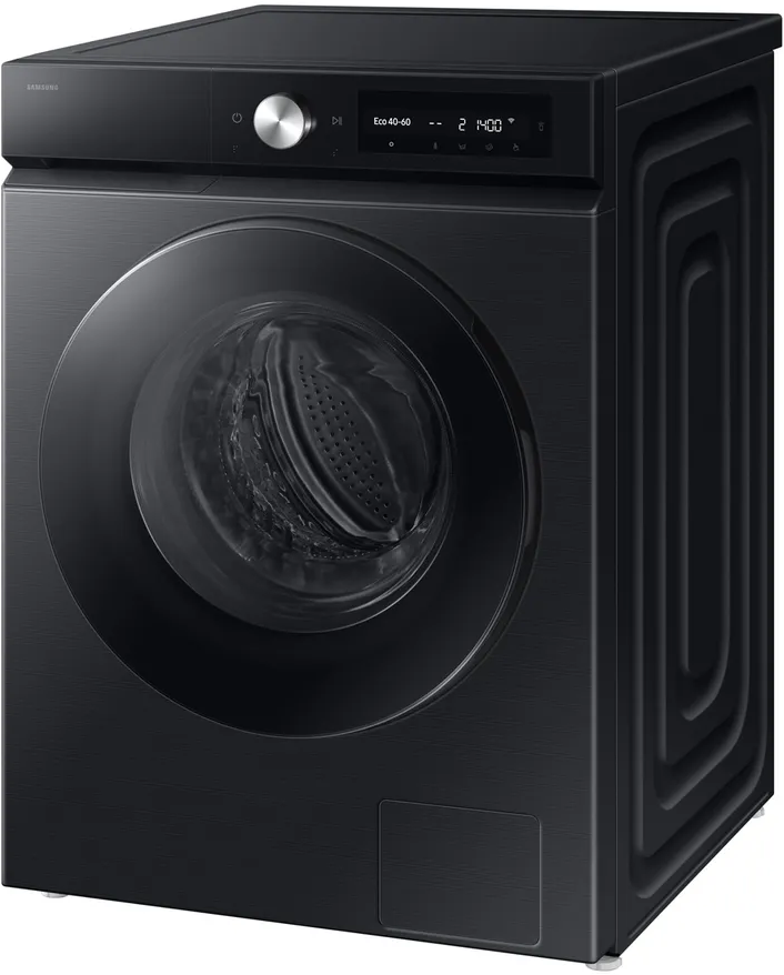 Un lave-linge noir avec une porte sombre et un panneau de contrôle.