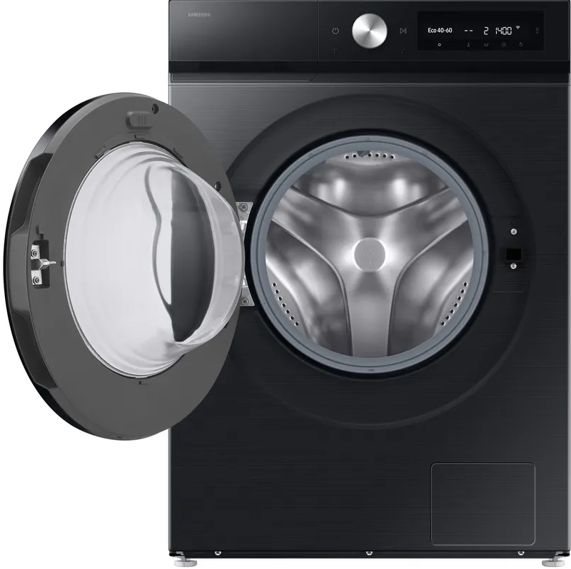 Lave-linge Samsung noir, porte ouverte, avec affichage numérique.