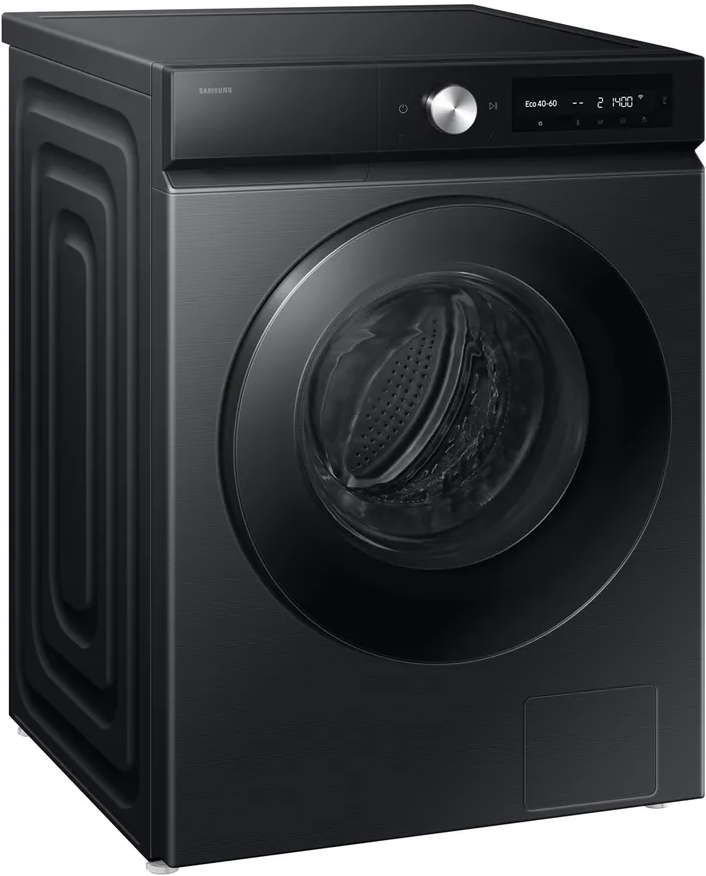 Un lave-linge Samsung noir avec porte circulaire, panneau de commande et finition métallique.