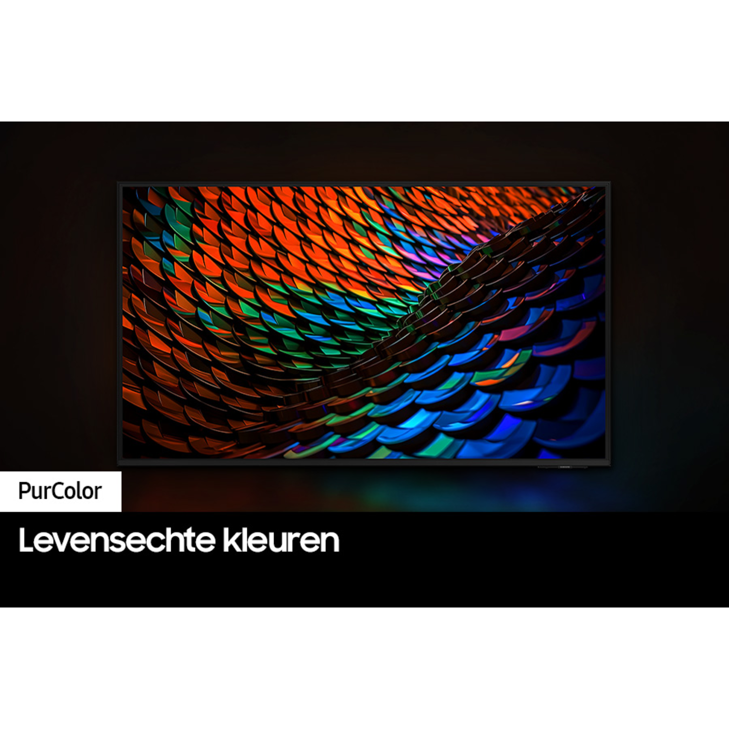 Tv-scherm met kleurrijke beelden. De tekst 'PurColor' en 'Levens echte kleuren' zijn hieronder zichtbaar.