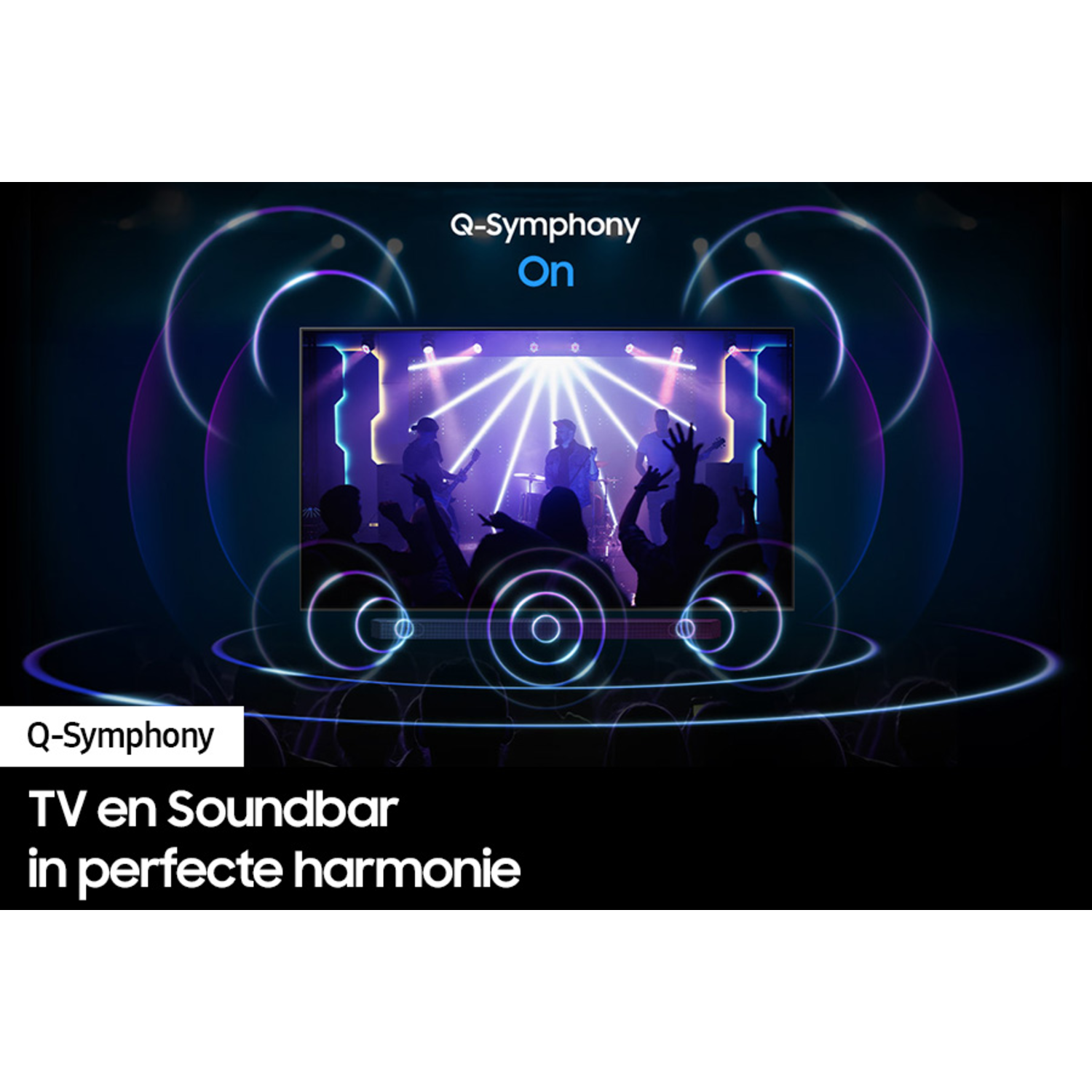 Een tv-scherm met een band erop, met geluidsgolfafbeeldingen. De woorden Q-Symphony On staan erboven.