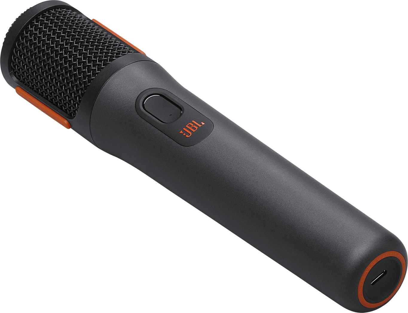 JBL-Mikrofon, schwarz und orange, Nahaufnahme, auf schwarzem Hintergrund.