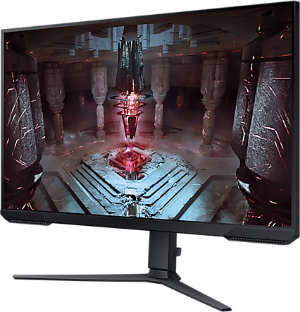 Egy fekete gaming monitor állványon, egy fantáziajelenetet mutatva. Fekete kerete és állványa van.