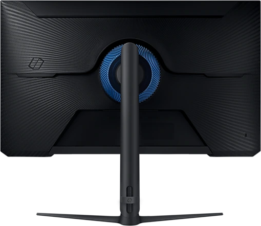 Gaming monitor. Hátsó nézet. Fekete, kék-szürke dizájnnal. Állvány és logó.