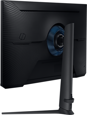 Fekete-kék gamer monitor hátulról. Fekete talapzaton áll.