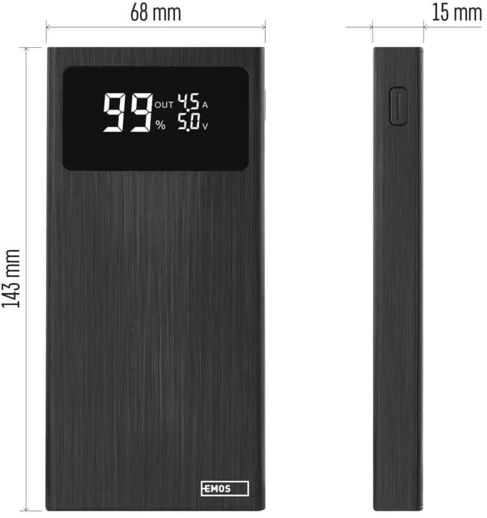 Fekete hordozható töltő, 99%-ot és méreteket mutató kijelzővel, fehér háttéren.