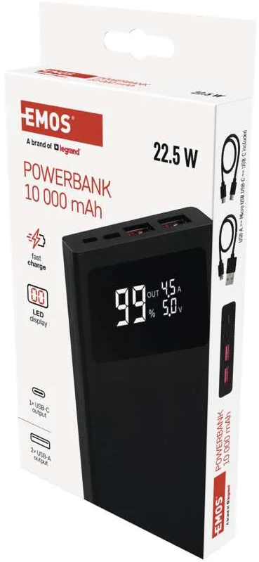 Fekete power bank, amelyen a képernyőn az akkumulátor százaléka és a kimenet látható.