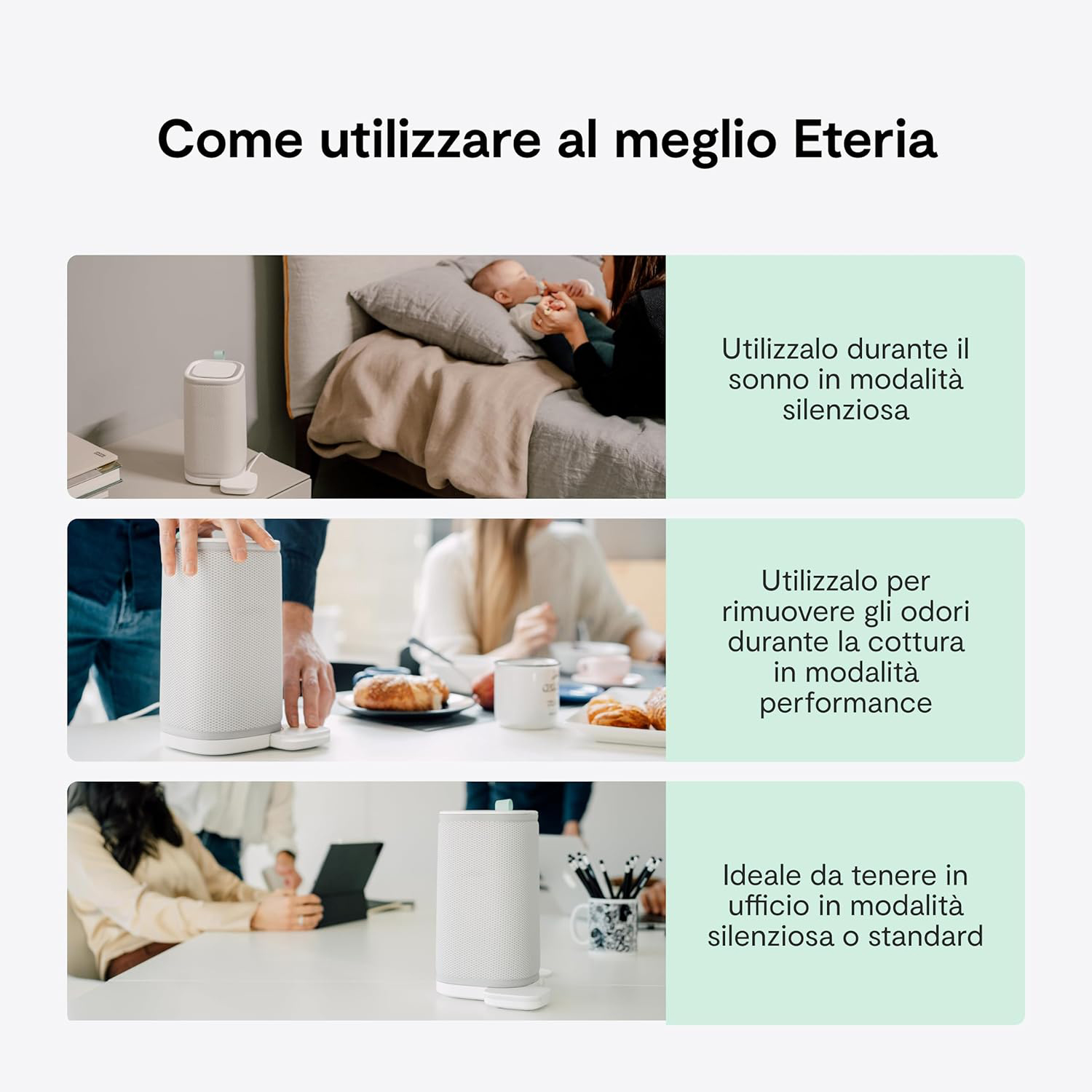 Immagine con testo, mostra come utilizzare un purificatore d'aria bianco in diversi scenari.