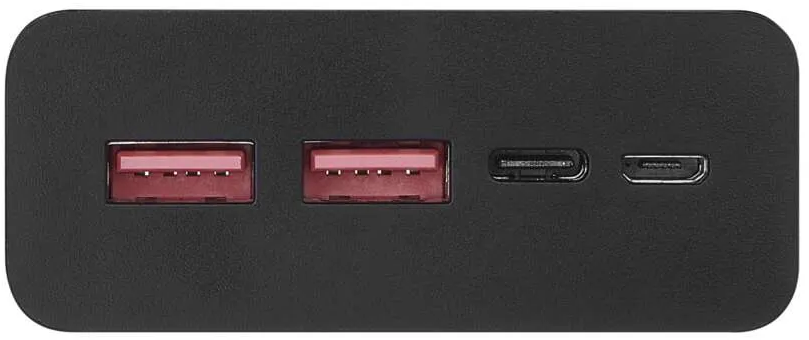 Fekete power bank USB és egyéb portokkal, piros díszítéssel.
