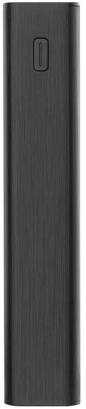 Fekete, téglalap alakú power bank. Minimalista design, egyszerű forma. Egyszínű.
