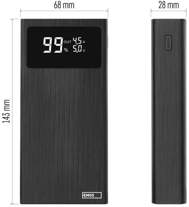 Fekete hordozható power bank kijelzővel, amely az akkumulátor százalékát és a feszültséget mutatja.